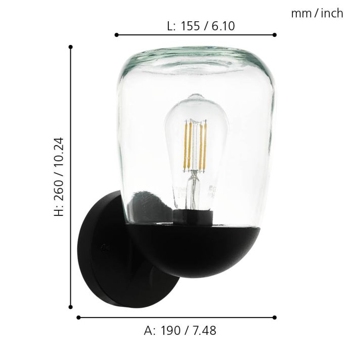 98701  DONATORI wall lamp, aluminum, black plastic, and transparent glass