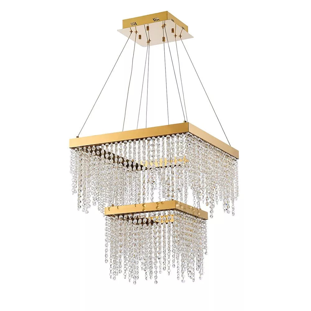 French gold crystal Diyas Bano Square 2 Tier Dimmable Pendant 47W LED 4000K IL32874