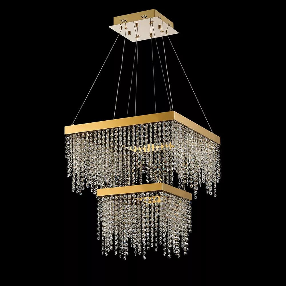 French gold crystal Diyas Bano Square 2 Tier Dimmable Pendant 47W LED 4000K IL32874