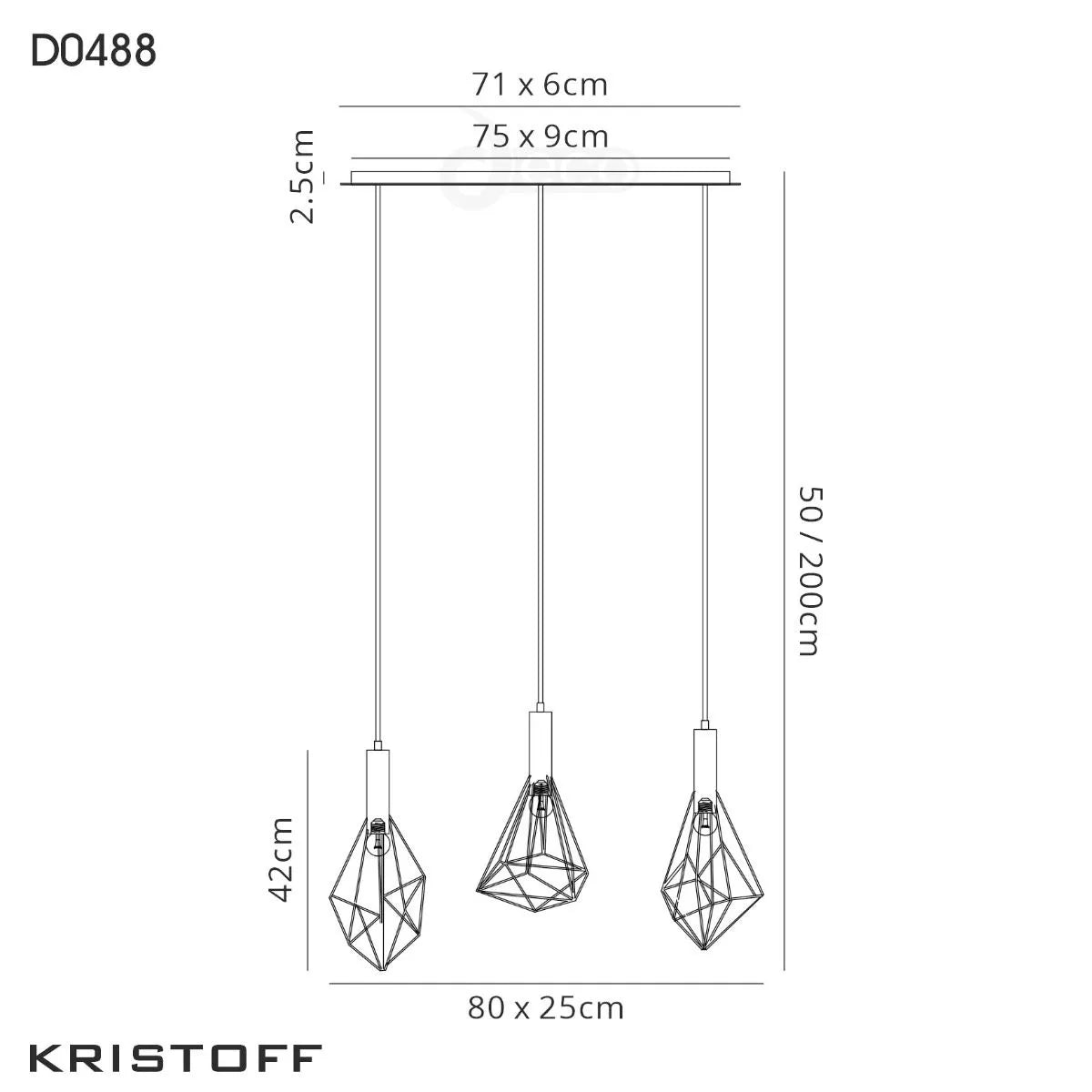 Black D0488 Deco Kristoff Linear Bar Pendant 3 Light E27