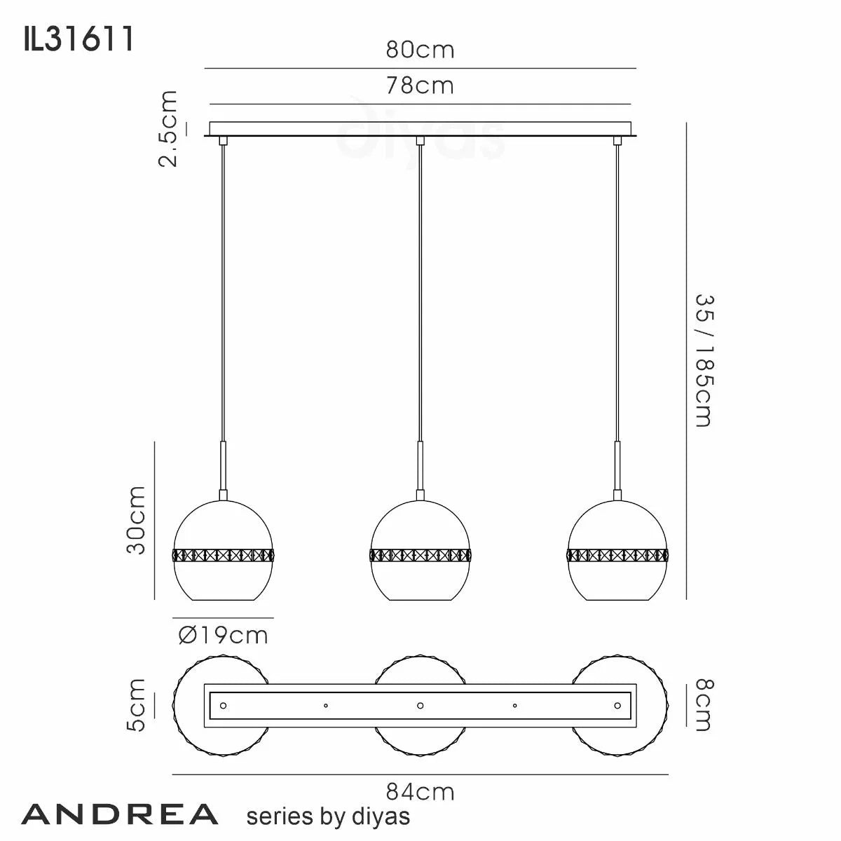 Andrea Pendant 3 Light E27 Linear Satin Copper Crystal Diyas IL31611