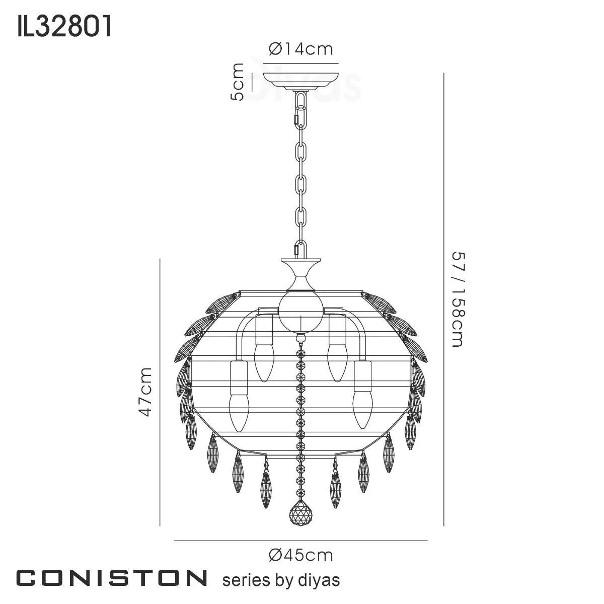 Coniston IL32801 Crystal 6 Light Medium Pendant with Polished Chrome Frame by Diyas