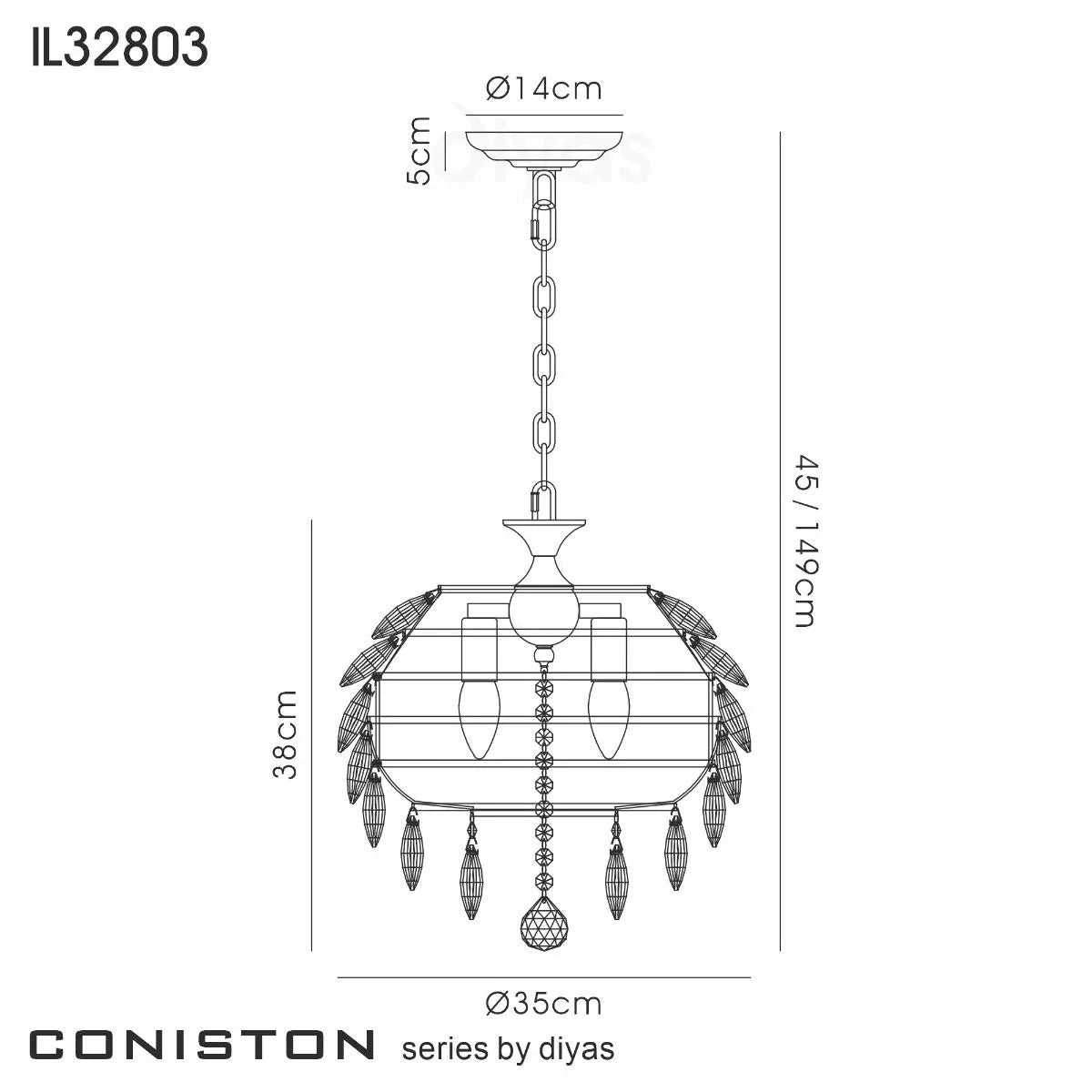 Crystal 3 Light Small Pendant Gold Frame Diyas Coniston IL32803