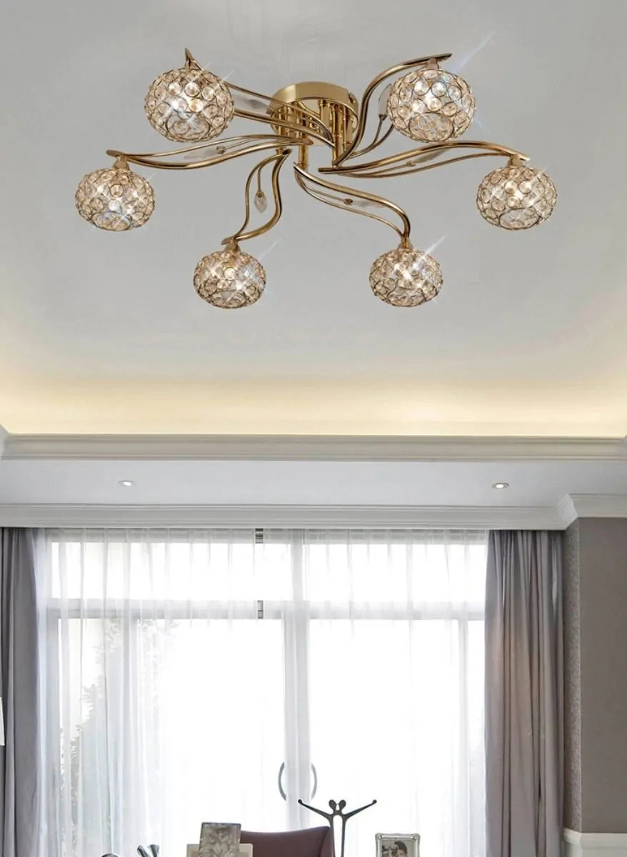 Leimo Semi-Flush Ceiling Fitting 6 Light French Gold Crystal Diyas IL30966